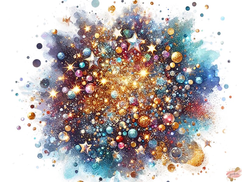 May include: An abstract watercolor design featuring a burst of sparkling gold glitter, stars, and colorful orbs. The artwork has a white background and a mix of blue, purple, and red hues, creating a festive and celebratory feel.