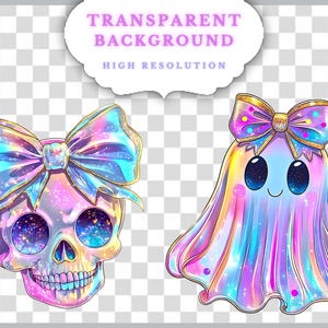 Puede incluir: Ilustraci&oacute;n de una calavera y un fantasma coloridos con lazos. La calavera tiene ojos de galaxia y un lazo. El fantasma tiene un lazo y una cara sonriente. La imagen tiene el texto "TRANSPARENT BACKGROUND" y "HIGH RESOLUTION".