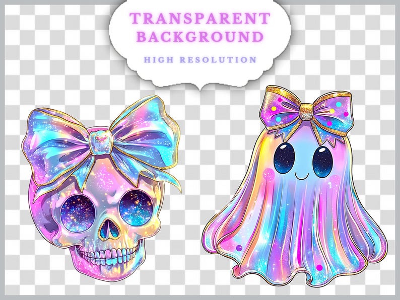 Puede incluir: Ilustraci&oacute;n de una calavera y un fantasma coloridos con lazos. La calavera tiene ojos de galaxia y un lazo. El fantasma tiene un lazo y una cara sonriente. La imagen tiene el texto "TRANSPARENT BACKGROUND" y "HIGH RESOLUTION".