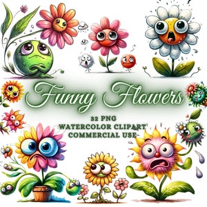 32 Aquarell lustige süße Blumen Clipart Bundle, lustige Blume Png Bundle, lustige Blumen Sublimation, Aquarell Blumen Clipart Bundle