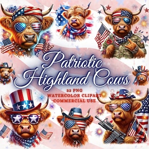 Patriotic Watercolor Highland Cows Clipart Bundle, 4 of July Png, Patriotic Png, Baby Highland Cow Patriotic Clipart Baby Cow Clipart Bundle