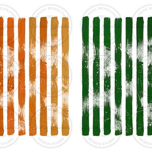May include: Two sets of vertical brushstroke patterns. One set features shades of orange and brown, while the other showcases green strokes. The strokes have a textured appearance, with visible brush marks. The image includes circular text that reads "ARTISTIC REVOLUTION DESIGN STUDIO."
