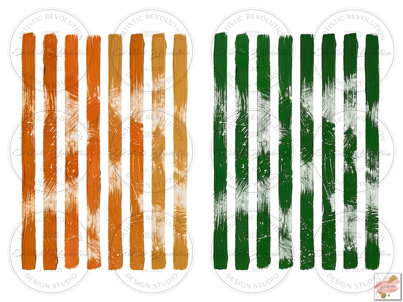 May include: Two sets of vertical brushstroke patterns. One set features shades of orange and brown, while the other showcases green strokes. The strokes have a textured appearance, with visible brush marks. The image includes circular text that reads "ARTISTIC REVOLUTION DESIGN STUDIO."