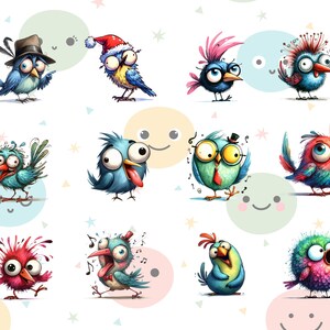Puede incluir: Una colecci&oacute;n de doce p&aacute;jaros de dibujos animados con rasgos exagerados y colores vibrantes. Cada p&aacute;jaro tiene una expresi&oacute;n &uacute;nica y est&aacute; situado sobre un fondo blanco con c&iacute;rculos de colores pastel y peque&ntilde;as formas de estrellas y tri&aacute;ngulos.