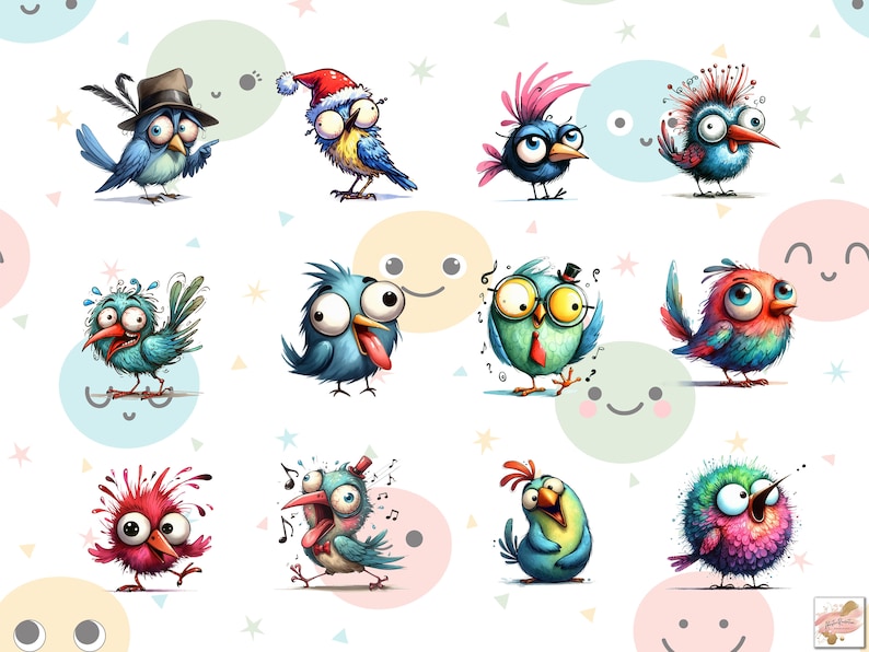 Puede incluir: Una colecci&oacute;n de doce p&aacute;jaros de dibujos animados con rasgos exagerados y colores vibrantes. Cada p&aacute;jaro tiene una expresi&oacute;n &uacute;nica y est&aacute; situado sobre un fondo blanco con c&iacute;rculos de colores pastel y peque&ntilde;as formas de estrellas y tri&aacute;ngulos.