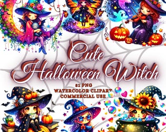 Playful Witch Clipart PNG Set Cute Halloween Witch, Kawaii Spooky Halloween Sublimation Kids Magic Party Chibi Girl Halloween clipart bundle
