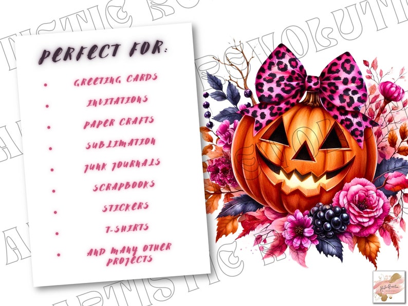 May include: A digital illustration of a jack-o'-lantern with a pink and black leopard print bow. The pumpkin is surrounded by pink and purple flowers and leaves. The text "PERFECT FOR:" is listed with a variety of uses for the image, including greeting cards, invitations, paper crafts, sublimation, junk journals, scrapbooks, stickers, t-shirts, and many other projects.