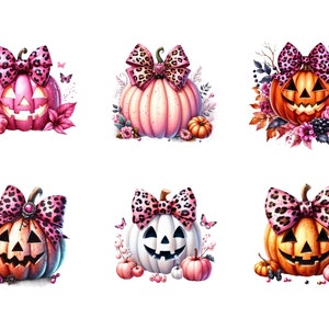 May include: Six Halloween pumpkins with pink and leopard print bows. The pumpkins are various colors, including orange, white, and pink. Some pumpkins have a carved jack-o'-lantern face.