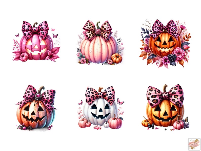 May include: Six Halloween pumpkins with pink and leopard print bows. The pumpkins are various colors, including orange, white, and pink. Some pumpkins have a carved jack-o'-lantern face.