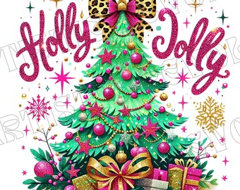 Glitter Holly Jolly Christmas Tree PNG, Pink Coquette Design