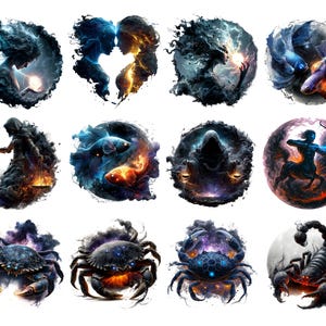 May include: A collection of twelve digital art illustrations featuring zodiac signs. Each circular design showcases a unique, detailed depiction of a sign, with vibrant colors and celestial themes. The artwork includes figures, animals, and abstract elements.