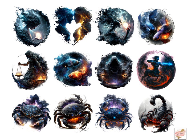 May include: A collection of twelve digital art illustrations featuring zodiac signs. Each circular design showcases a unique, detailed depiction of a sign, with vibrant colors and celestial themes. The artwork includes figures, animals, and abstract elements.