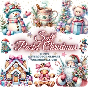 Bundle de cliparts Noël pastel aquarelle Noël pastel pastel Bundle Png rose menthe Noël sublimation Design Père Noël renne bonhommes de neige pain d'épice