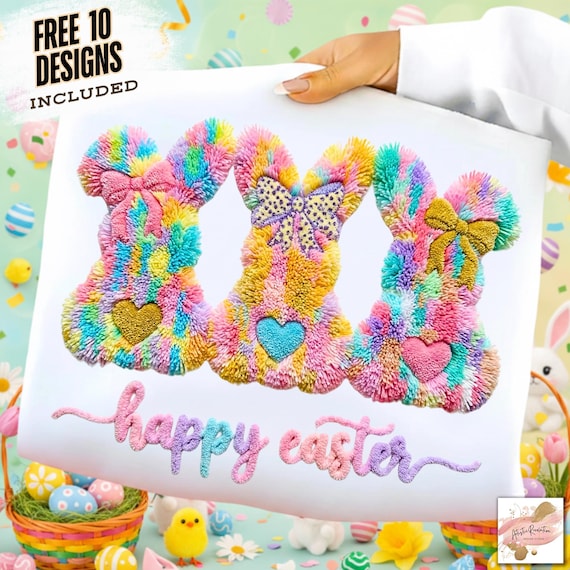 Latch Hook Easter Bunny Png, Faux Yarn Happy Easter Png,  Crochet Coquette Bow Bunny Png, Preppy Easter Png, Faux Embroidery Easter Png
