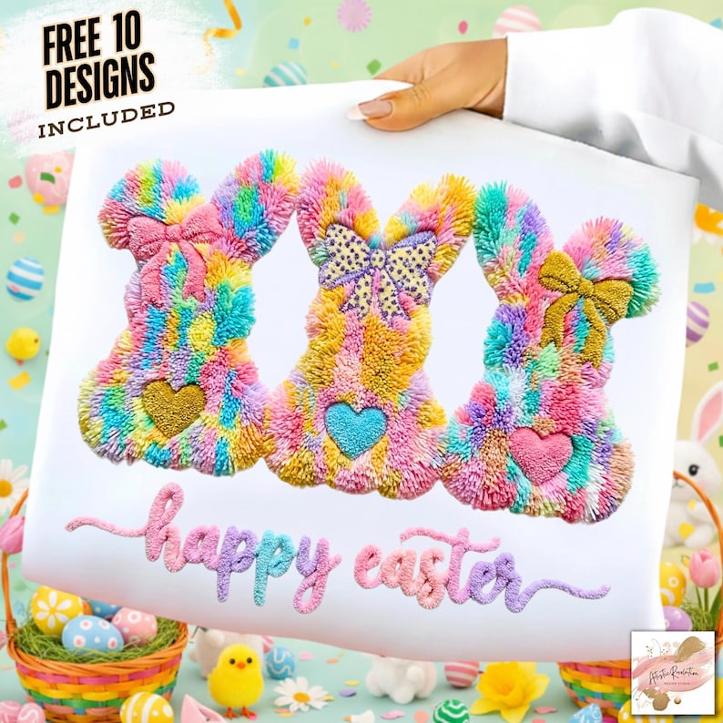 May include: A white Easter-themed design featuring three colorful bunny figures with heart-shaped accents and bows. The phrase "happy easter" is embroidered below. The image includes the text "FREE 10 DESIGNS INCLUDED".