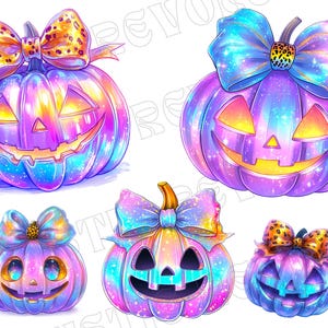 May include: Illustration of five colorful Halloween pumpkins with smiling faces and decorative bows. The pumpkins are in shades of purple, blue, and yellow, with glittery accents. The bows have leopard print details.