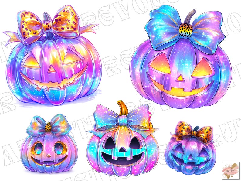 May include: Illustration of five colorful Halloween pumpkins with smiling faces and decorative bows. The pumpkins are in shades of purple, blue, and yellow, with glittery accents. The bows have leopard print details.