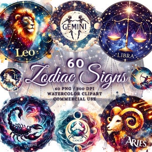 60 aquarel sterrenbeeld clipart bundel, sterrenbeeld png, astrologie png, astrologie clipart, dierenriem afdrukbare, dierenriem prints astrologie print