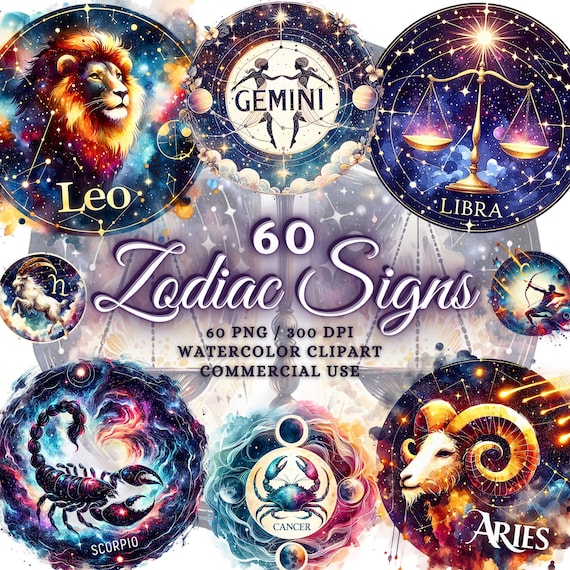 60 Watercolor Zodiac Sign Clipart Bundle, Zodiac Sign PNG, Astrology PNG, Astrology Clipart, Zodiac Printable, Zodiac Prints Astrology Print