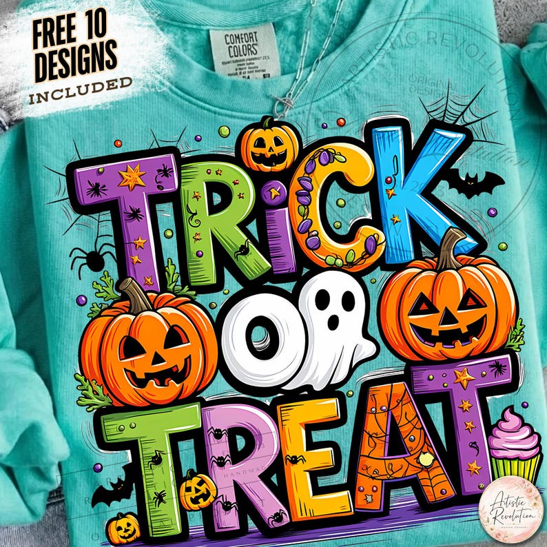 May include: A teal sweatshirt featuring a colorful graphic with the text TRICK OR TREAT. The design includes orange jack-o'-lanterns, a white ghost, a purple cupcake, spider webs, and small spiders. A tag at the neck reads COMFORT COLORS.