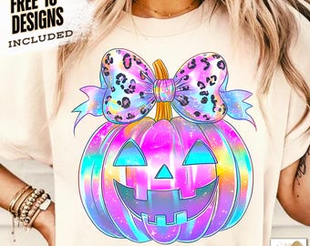 Neon Iridescent Halloween Pumpkin PNG Coquette Pumpkin Sublimation Design Cute Girly Spooky Pumpkin Shirt Neon Digital Download for Shirts