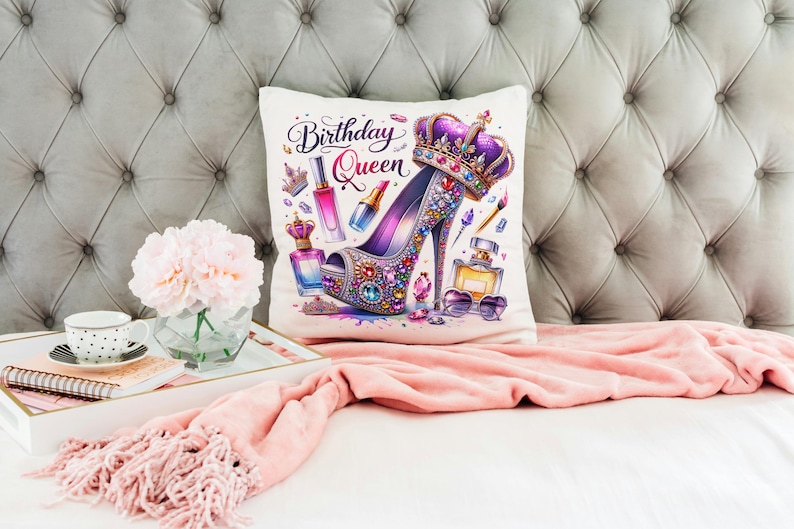May include: White throw pillow with a colorful illustration of a high heel shoe with a crown on top. The text "Birthday Queen" is written in black script on the pillow.