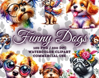 Op de afbeelding: Een set van 100 aquarel clipart-afbeeldingen van grappige honden. De honden dragen hoeden, brillen en sjaals. De afbeeldingen zijn perfect voor digitaal scrapbooken, kaartmaken en andere creatieve projecten.