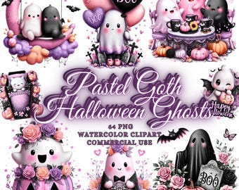 64 Pink Pastel Goth Halloween Ghost PNG Set, Cute Spooky Kawaii Ghost Clipart Pastel Halloween clipart Transparent background Commercial use