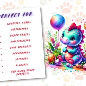 Puede incluir: Una ilustraci&oacute;n digital de un lindo dinosaurio verde con acentos rosados sosteniendo globos y sentado en una cama de huevos coloridos. El texto "PERFECT FOR:" se enumera con una variedad de usos para la imagen, que incluyen tarjetas de felicitaci&oacute;n, invitaciones, manualidades de papel, sublimaci&oacute;n, diarios de chatarra, &aacute;lbumes de recortes, calcoman&iacute;as, camisetas y muchos otros proyectos.