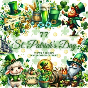 77 lot de cliparts aquarelle pour la Saint-Patrick, St Patricks Day Png, trèfle png, clipart lutin, clipart St Patrick, noeud celtique Png