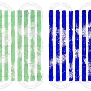 May include: Two abstract art pieces with vertical brushstrokes. One features light green strokes, the other has deep blue strokes. Each piece has a white background and circular text that reads "ARTISTIC REVOLUTION DESIGN STUDIO".