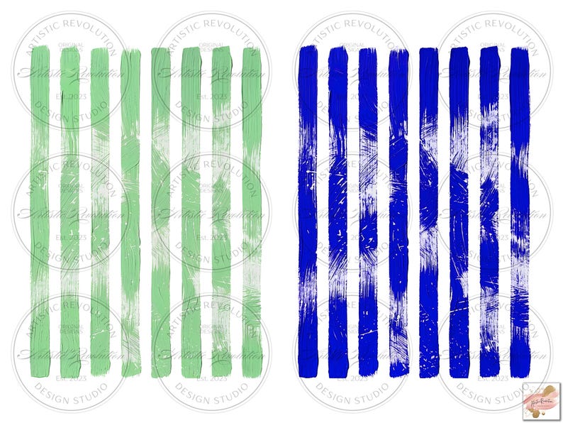 May include: Two abstract art pieces with vertical brushstrokes. One features light green strokes, the other has deep blue strokes. Each piece has a white background and circular text that reads "ARTISTIC REVOLUTION DESIGN STUDIO".