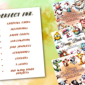 May include: A collection of watercolor clipart featuring whimsical farm animals, birds, and safari animals. The image includes text that says "Funny Farm Animals", "Funny Birds", and "Funny Safari Animals". The image also lists "Greeting Cards", "Invitations", and "Paper Crafts".