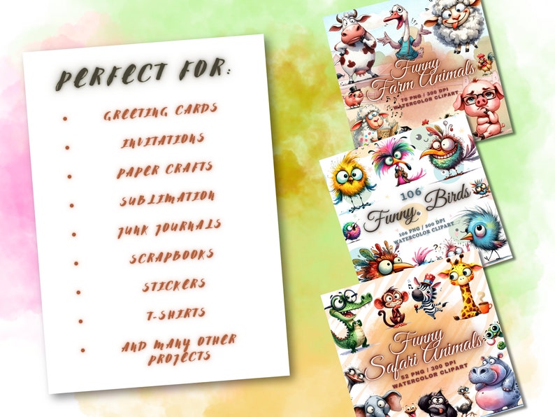 May include: A collection of watercolor clipart featuring whimsical farm animals, birds, and safari animals. The image includes text that says "Funny Farm Animals", "Funny Birds", and "Funny Safari Animals". The image also lists "Greeting Cards", "Invitations", and "Paper Crafts".