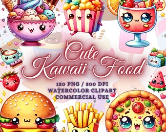 May include: A set of 120 digital watercolor clipart images of cute kawaii food. The images include a variety of food items, such as ice cream, popcorn, pizza, sushi, watermelon, french fries, and a hamburger. The images are perfect for use in digital scrapbooking, card making, and other craft projects.