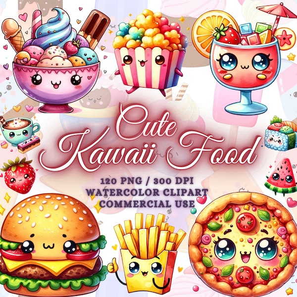 120 Cute Kawaii Food Clipart Bundle, Watercolor Food Clipart, Food Png, Drinks Png, Drinks Clipart, Cute Kawaii Clipart Bundle, Food Svg Png