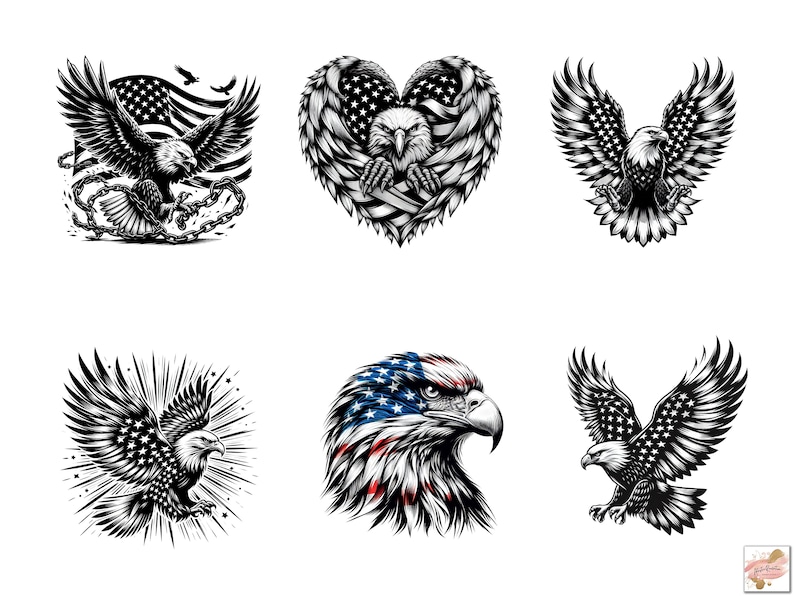 May include: A collection of six illustrations of eagles. The eagles are depicted in various poses, including soaring with outstretched wings, and with the American flag incorporated into the design. The illustrations are in black and white, with some featuring red and blue accents.