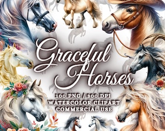 100 Stunning Watercolor Horses Clipart Bundle, Floral Horse Png Sublimation, Farm Horse Clipart, Cute Horse illustration, Horse Portrait Png