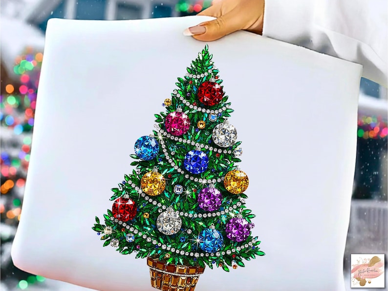 Puede incluir: Un dise&ntilde;o de &aacute;rbol de Navidad decorado con adornos de joyer&iacute;a coloridos. El &aacute;rbol verde tiene una base de cesta marr&oacute;n y est&aacute; adornado con adornos rojos, azules, morados, amarillos y plateados. Una guirnalda de perlas rodea el &aacute;rbol.