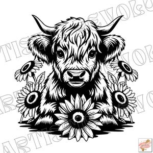 Vaca de las Tierras Altas con flores lindas Svg y PNG, Clipart de vaca, Imagen vectorial de vaca de las Tierras Altas, Silueta de vaca, Diseño de sublimación, Archivo de corte de animal de granja