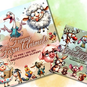 May include: Two watercolor clipart sets featuring cartoon animals. One set is titled "Funny Farm Animals" and the other is "Funny Forest Animals". The farm animals include a cow, goose, sheep, and pig. The forest animals include a deer, rabbit, and squirrel.