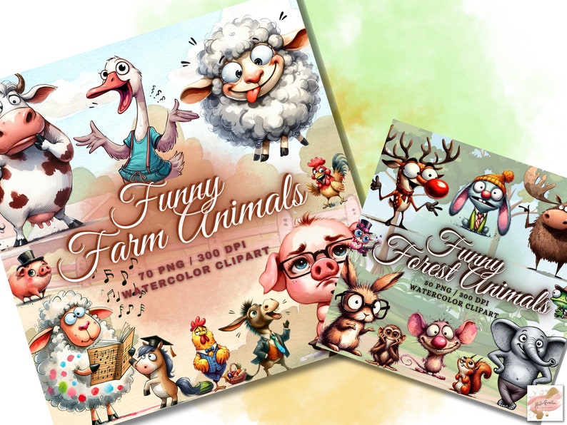 May include: Two watercolor clipart sets featuring cartoon animals. One set is titled "Funny Farm Animals" and the other is "Funny Forest Animals". The farm animals include a cow, goose, sheep, and pig. The forest animals include a deer, rabbit, and squirrel.