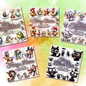 May include: A collection of watercolor clipart featuring whimsical animals. The designs include "Cute Funny Birds", "Funny Chicken", "Funny Elephants", "Funny Horses", and "Funny Black Cats". Each design includes the text "Watercolor Clipart Commercial Use".