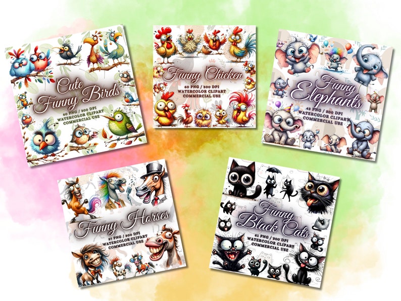 May include: A collection of watercolor clipart featuring whimsical animals. The designs include "Cute Funny Birds", "Funny Chicken", "Funny Elephants", "Funny Horses", and "Funny Black Cats". Each design includes the text "Watercolor Clipart Commercial Use".