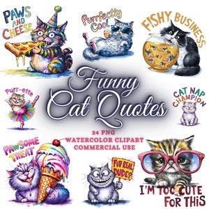 Paquete de 24 imágenes prediseñadas de gatos con citas divertidas, Imágenes prediseñadas de gatos divertidos, Imágenes prediseñadas de gatos de acuarela, Png de gatos divertidos, Png de sublimación de gatos divertidos, Paquete de citas divertidas