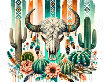 Penseelstreek koeienschedel png-ontwerp, bloemen koeienschedel png, boho western sublimatie png, stierenschedel shirt png, woestijncactus tshirt digitaal png