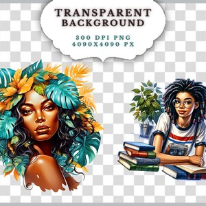 May include: Digital art featuring two illustrations. One depicts a woman with a floral headdress of teal and yellow leaves. The other shows a person with glasses, dreadlocks, and books, with the text "TRANSPARENT BACKGROUND" and image details.