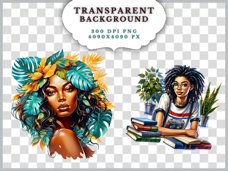 May include: Digital art featuring two illustrations. One depicts a woman with a floral headdress of teal and yellow leaves. The other shows a person with glasses, dreadlocks, and books, with the text "TRANSPARENT BACKGROUND" and image details.