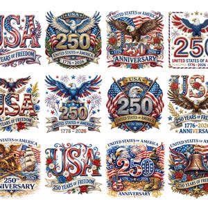 以下が含まれることがあります： アメリカ合衆国250周年を祝う愛国的なデザインのコレクション。各デザインには「USA」、「250」、および「United States of America 1776-2026」の文字と、ワシ、旗、花の要素が描かれています。