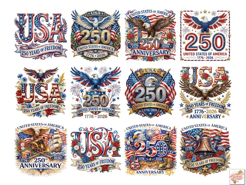 以下が含まれることがあります： アメリカ合衆国250周年を祝う愛国的なデザインのコレクション。各デザインには「USA」、「250」、および「United States of America 1776-2026」の文字と、ワシ、旗、花の要素が描かれています。